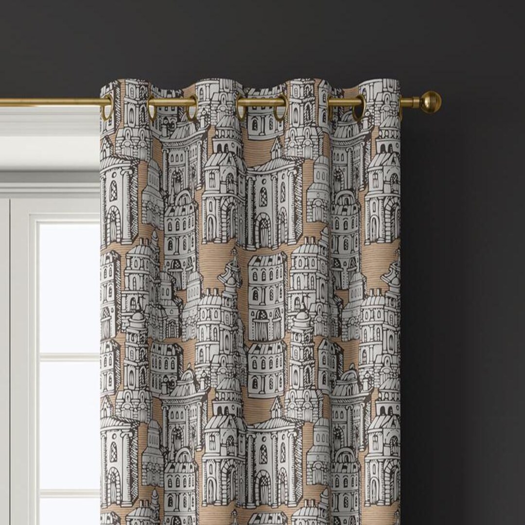 Beige Architectural Curtains, Black and White Building Print Drapes ...