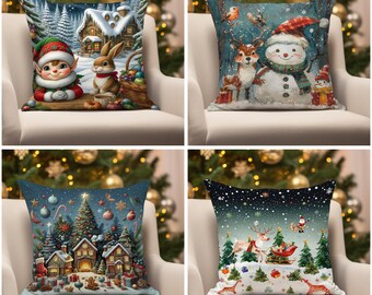 Xmas Home Decoration Pattern Cushion Case, Christmas Snowman and Deer Pillowcase, Festive Christmas Pillow Cases, Christmas Ornament Pattern