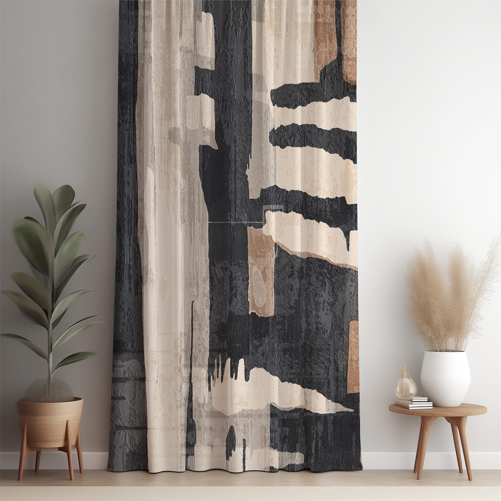 Beige, Taupe and Black Abstract Pattern Curtains, Modern Geometric ...