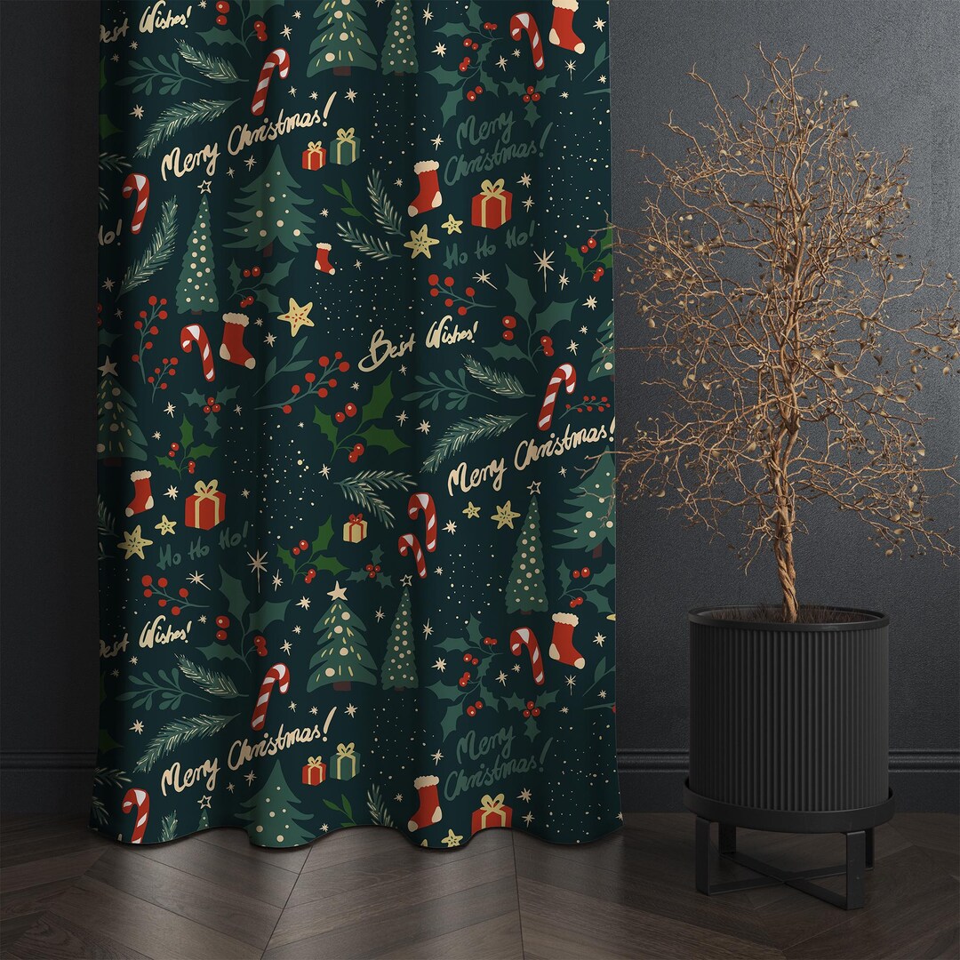 Navy Christmas Tree Curtains, Festive Holiday Drapes With Candy Cane ...