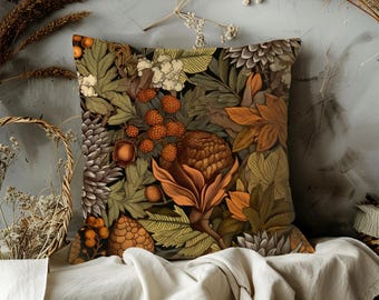 Botanical Harvest Pillow Cover, Rustic Autumn Cushion with Leaves, Berries and Pine Cones – Floral Throw Pillow, Custom Fall Decor