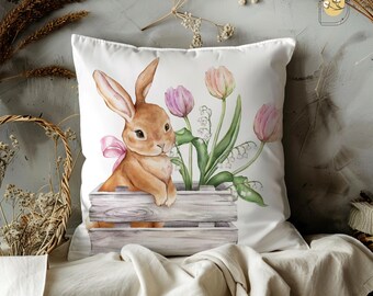 Easter Bunny Cushions with Floral Designs - Watercolor Bunny Pillows for Spring Decor – Perfect for Easter Gifts & Home Decoration