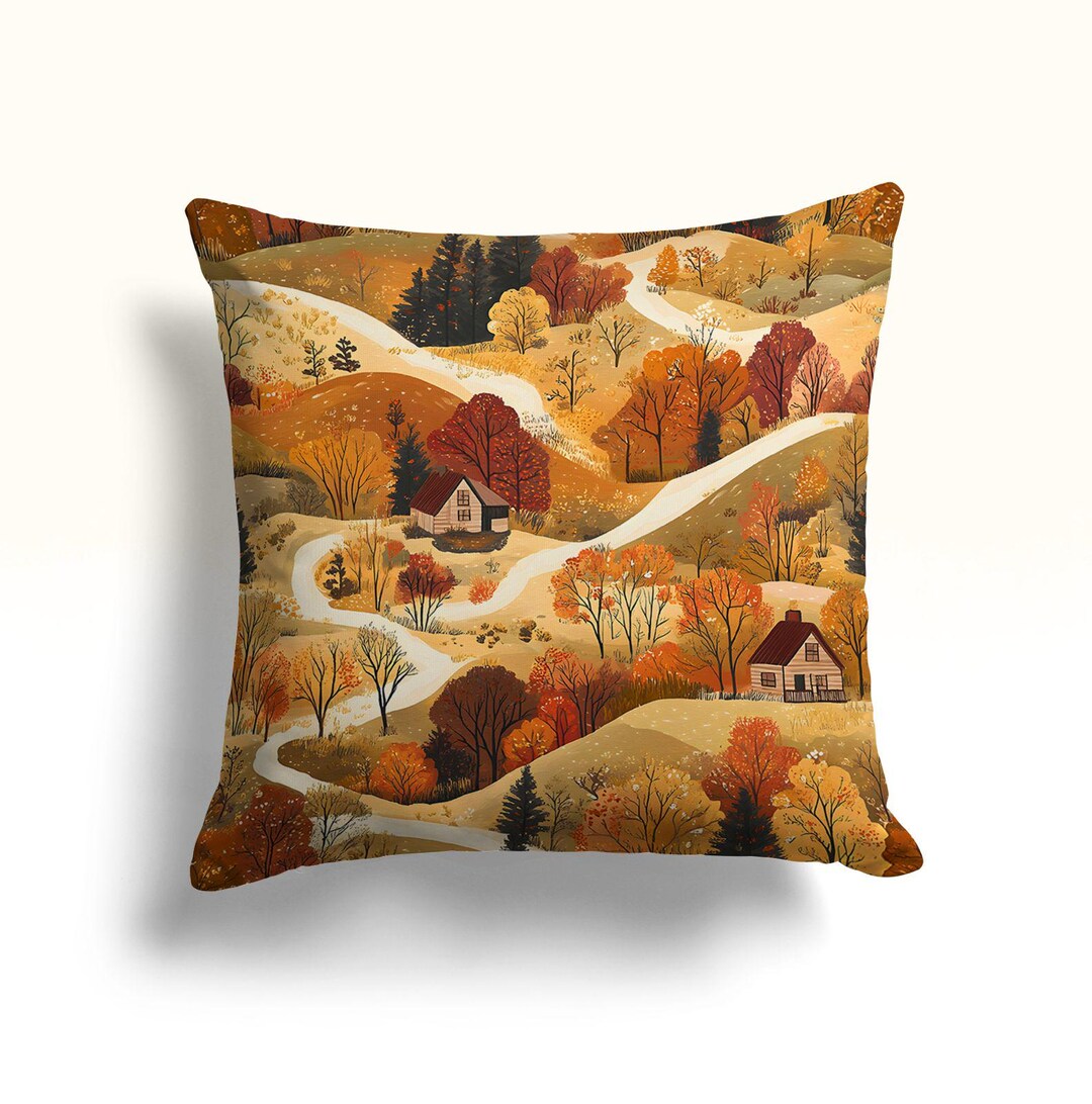 Rustic Fall Pillows Autumn Landscape Pillow Cover With Cabin and Fall Trees, Rustic Country ...