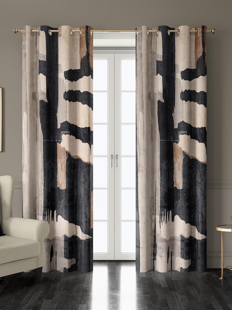 Beige, Taupe and Black Abstract Pattern Curtains, Modern Geometric ...
