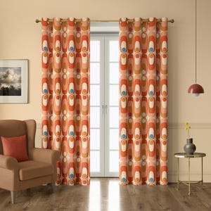 Retro Orange and Brown Geometric Curtains – 70s Mid-Century Modern Window Panel for Living Room or Studio, Custom Drapes