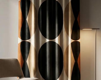 Terracotta and Beige Geometric Curtains, Mid-Century Modern Drapes with Black Oval Pattern – Custom Size Window Panel, Retro Decor Style