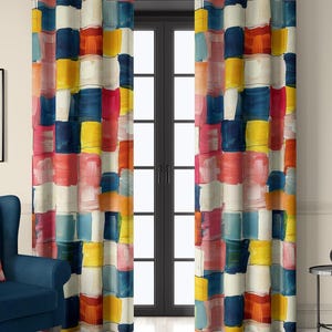 Colorful Patchwork Curtains in Abstract Watercolor Style, Patterned Drapes for Living Room – Custom Size, Valance & Kitchen Option