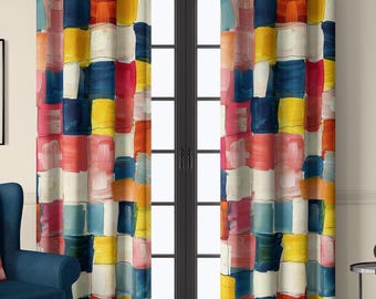 Colorful Patchwork Curtains in Abstract Watercolor Style, Patterned Drapes for Living Room – Custom Size, Valance & Kitchen Option