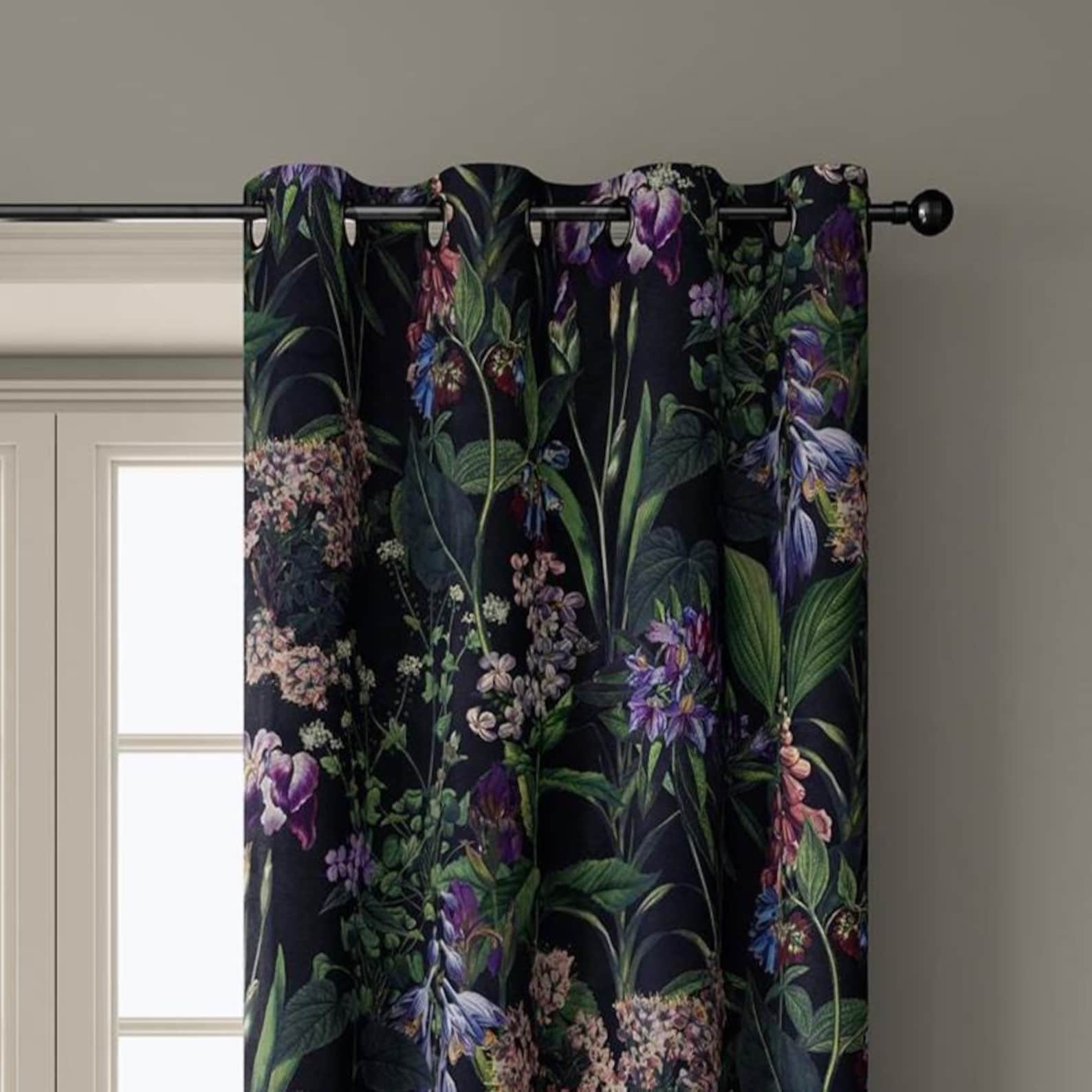 Black Floral Curtains With Victorian Botanical Pattern – Elegant Dark