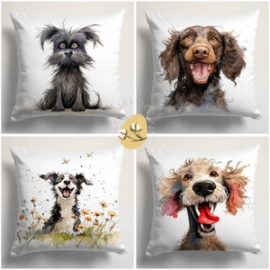 Dog Portrait Pillow Covers – Whimsical Pet Illustration Cushion Set for Animal Lovers, Farmhouse Decor and Cheerful Home Styling