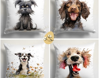 Dog Portrait Pillow Covers – Whimsical Pet Illustration Cushion Set for Animal Lovers, Farmhouse Decor and Cheerful Home Styling