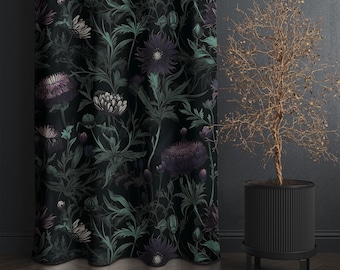 Dark Botanical Floral Curtains, Black and Purple Vintage Drapes for Living Room – Blackout Curtain Panel, Custom Size