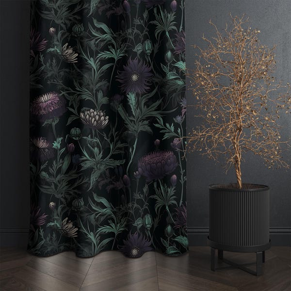 Dark Botanical Floral Curtains, Black and Purple Vintage Drapes for Living Room – Blackout Curtain Panel, Custom Size