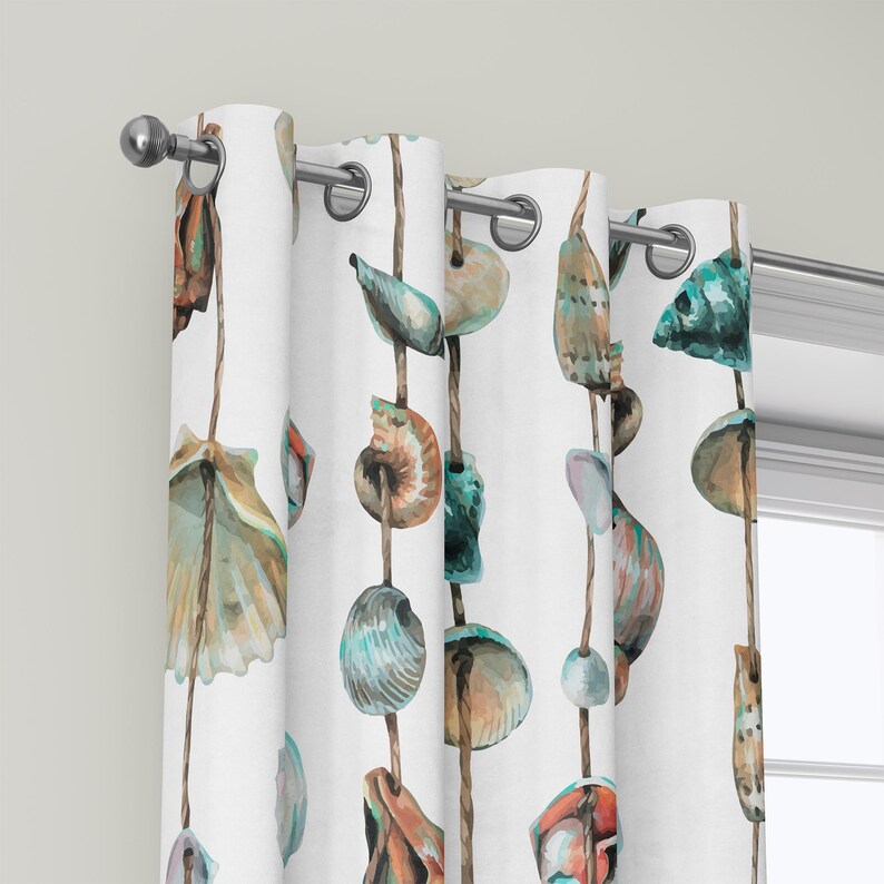 White Curtains With Seashell Design, Coastal Tropical Style Drapes for ...