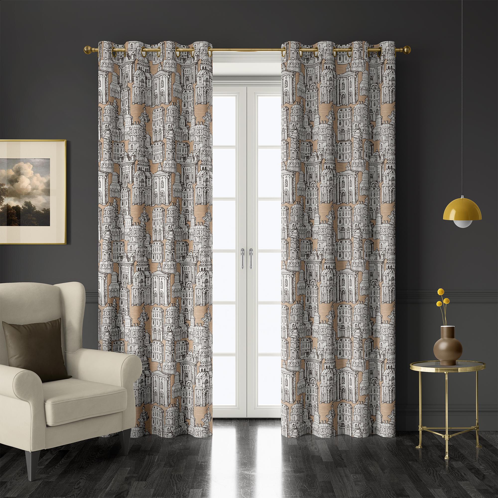 Beige Architectural Curtains, Black and White Building Print Drapes ...