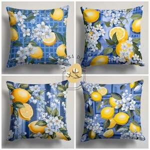 Blue Lemon Pillow Cover with White Blossom Flowers – Mediterranean Summer Accent Cushion for Coastal Kitchen, Porch or Farmhouse Decor