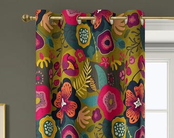 Mustard and Fuchsia Bohemian Floral Curtains, Colorful Folk Art Drapes for Living Room – Blackout Curtain, Custom Size, Kitchen Curtains