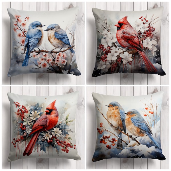 Xmas Red Bird Decor, Cardinal Bird & Eastern Blue Bird Pillow , Winter Trend Cushion Case,Cute Birds in Winter Pillow, Winter Themed Pillow