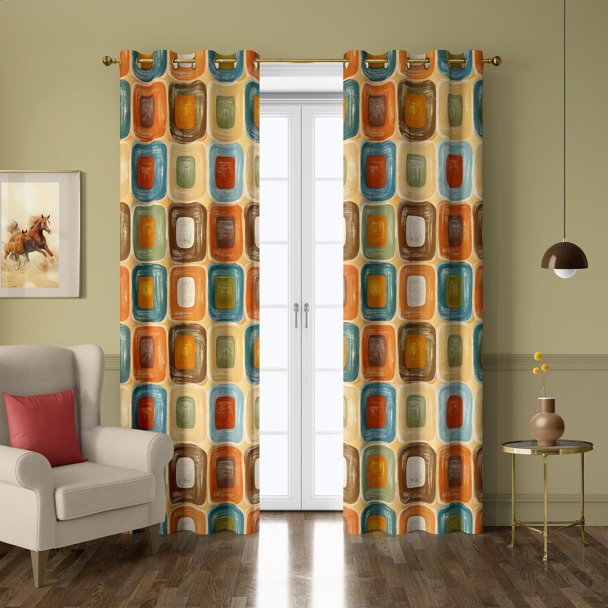 Retro Mid-Century Geometric Curtains in Orange, Teal and Mustard – Colorful Square Pattern Drapes, Custom Size Window Panel
