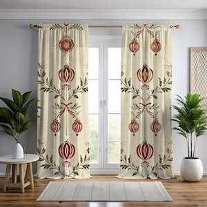 Beige and Red Vintage Lantern Pattern Curtains, Botanical Window Drapes for Living Room – Blackout Option, Custom Size Available