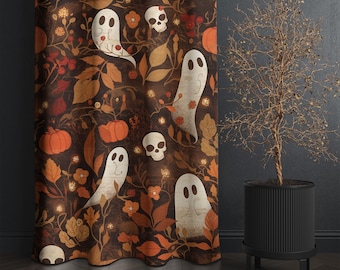 Brown Halloween Curtains with Ghosts and Pumpkin Floral Pattern, Gothic Rustic Drapes, Spooky Fall Window Panel, 96 and 108 Inch Custom Size