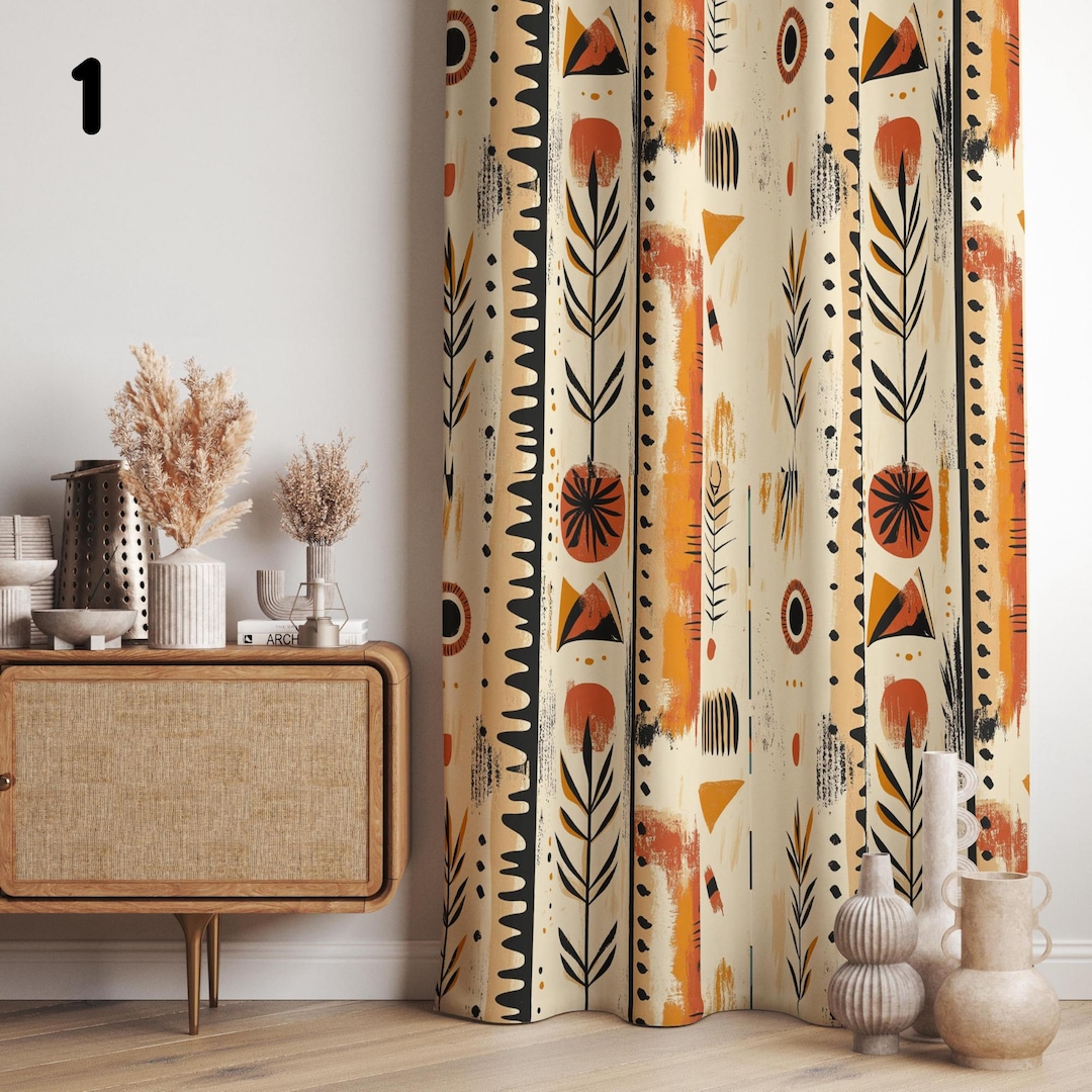 Boho Abstract Curtains With Tribal Floral Pattern – Orange and Black ...