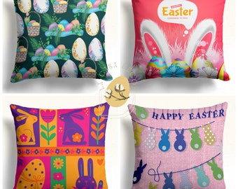 Easter Bunny Pillows - Colorful Egg Basket Designs - Easter Decorations for Spring – Cute Bunny and Easter Egg Art on Throw Pillows