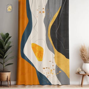 Gold and Charcoal Abstract Curtains with Contemporary Brush Strokes, Custom Window Drapes for Living Room – Luxury Panel, Rod Pocket Option