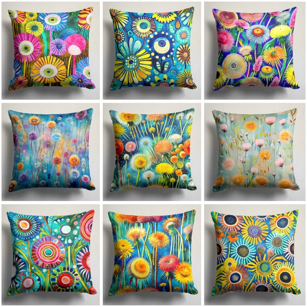 Multicolor Flower Design Pillow Covers, Spring Accent Cushion Cover, Colorful Dandelion Pillow Case, Vibrant Colored Floral Throw Pillow