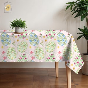 Easter Tablecloth with Bunny Wreath and Watercolor Easter Eggs - Floral Spring Design, Spring Easter Tablecloth with Colorful Pink Flowers