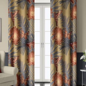 Beige Tropical Botanical Curtains with Hummingbird and Butterfly Print – Exotic Flower Drapes, Custom Size Coastal Window Panel, Valance