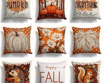 Pumpkin and Fall Pillow Covers with Daisy, Leaf, and Forest Animals – Cute Autumn Throw Pillows in Farmhouse Style