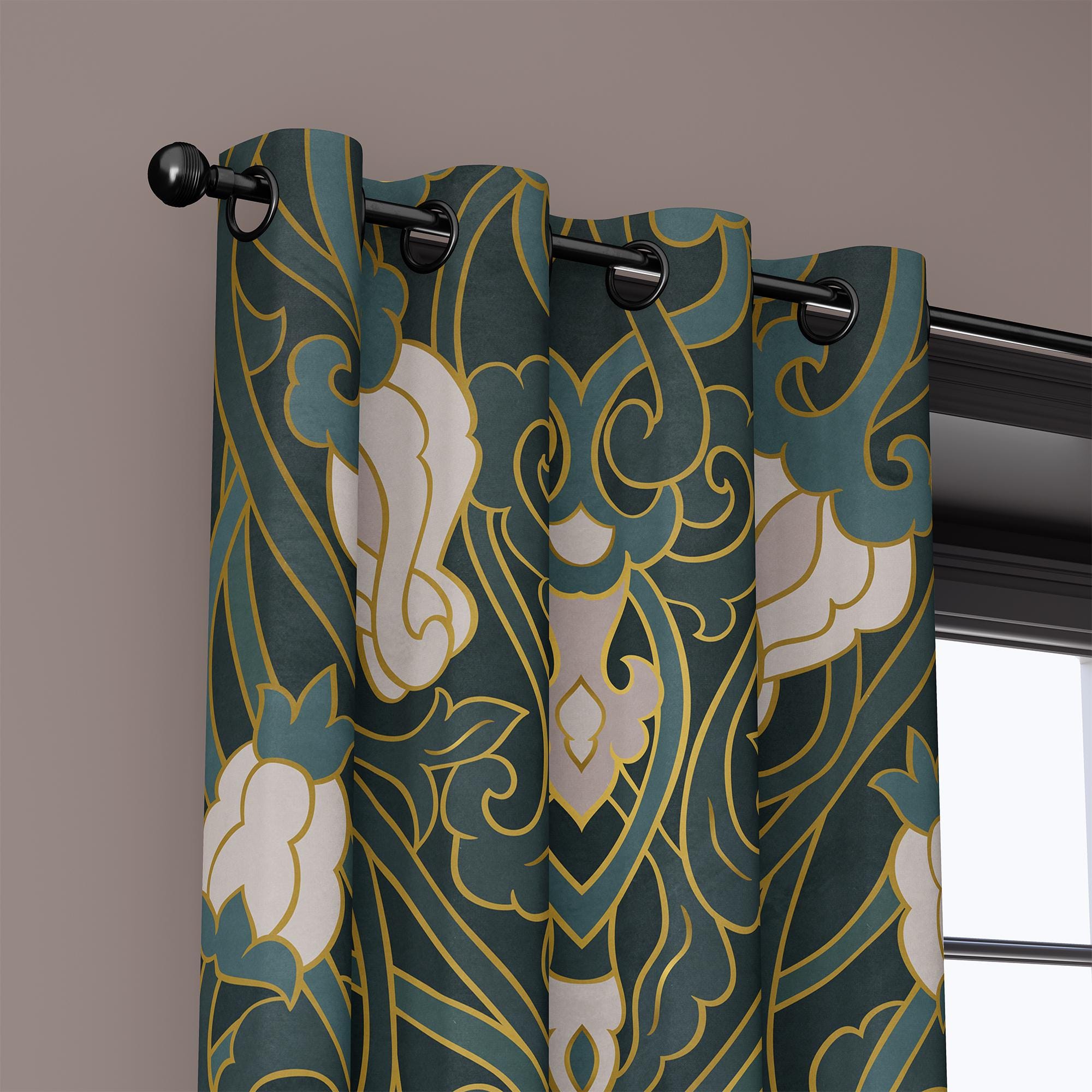 Dark Green Art Nouveau Curtains With Gold Floral Motifs – Vintage Style