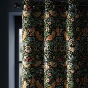Green and Blue William Morris Strawberry Thief Curtains on Black Background, Vintage Bird Drape for Living Room, Custom Size Blackout Option