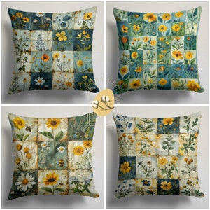 May include: Four square throw pillows with a patchwork design featuring a variety of yellow and blue flowers on a blue-green background. The pillows are made of a soft, comfortable fabric and are perfect for adding a touch of nature to any room.