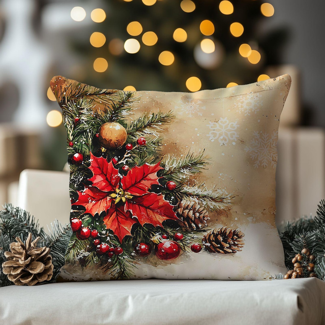 Christmas Pillow Cover With Red Poinsettia and Pine Cones, Holiday ...