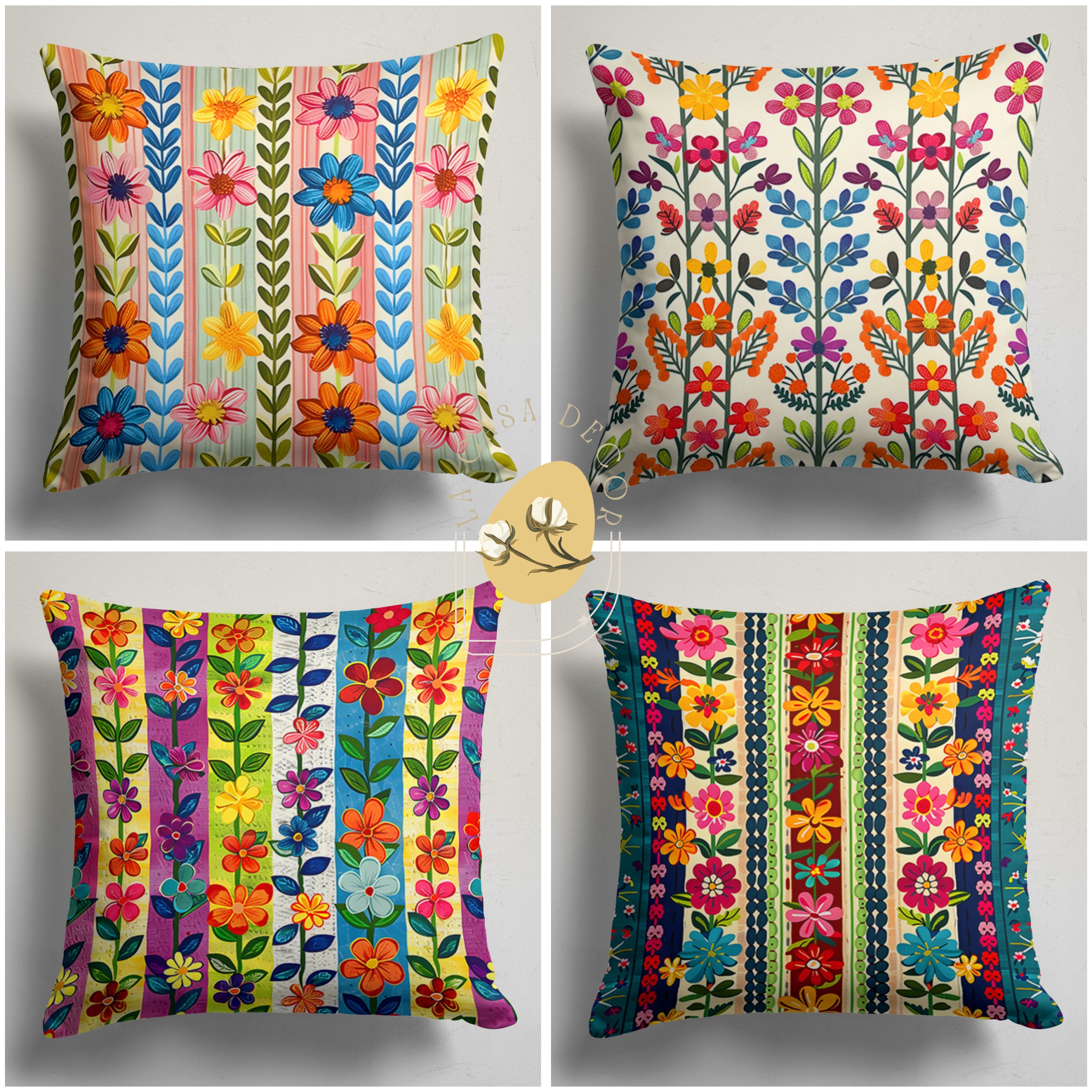Floral Stripes Cushion Cover – Colorful Flower Patterns for Living Room,  Bedroom, Boho Home Decor, Vibrant Throw Pillow for Modern Interiors, image size:3000x3000