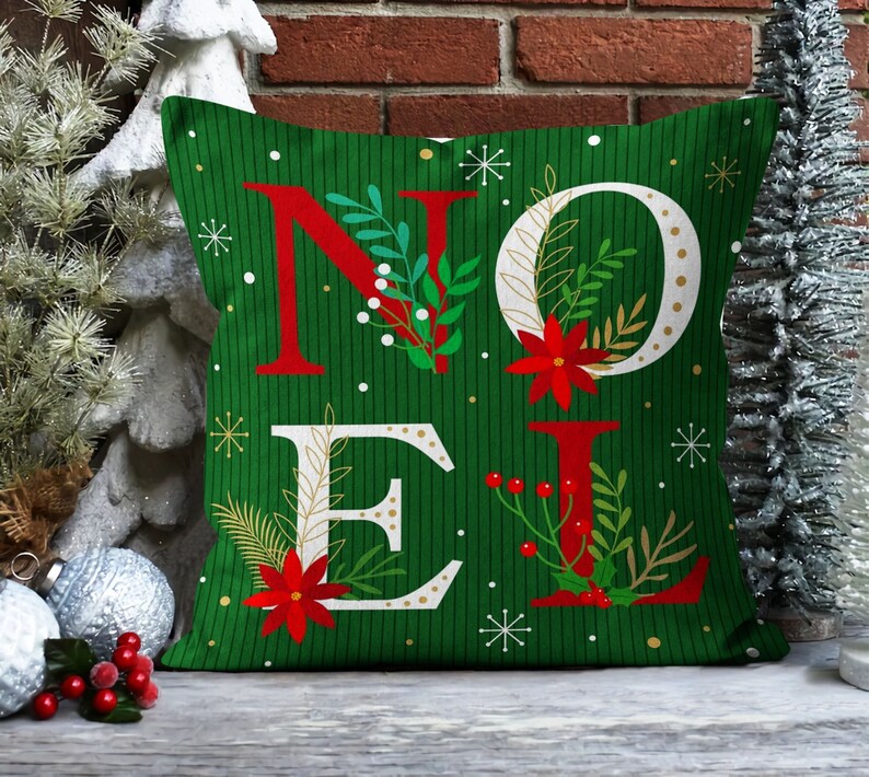 Joy Noel Pillow Cover Christmas Flower Pillow Christmas Etsy