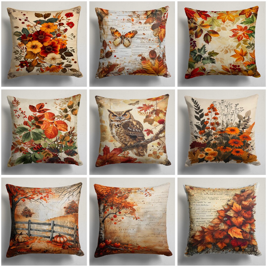 Rustic Fall Pillows Autumn Floral Pillow Cover, Fall Leaves and Owl Cushion for Rustic ...