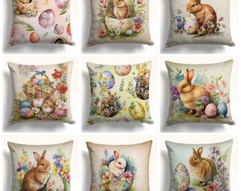 Adorable Easter Bunny Pillow Cover with Colorful Eggs and Spring Flowers – Perfect Easter Decor for Home