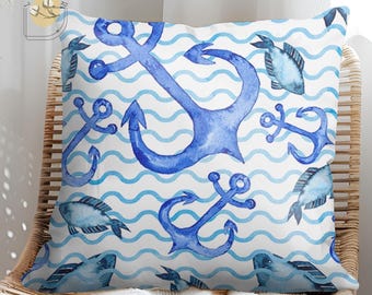Nautical Blue Throw Pillow Covers - Anchors, Octopuses, and Whales in Watercolor Style for Coastal and Beach Home Decor
