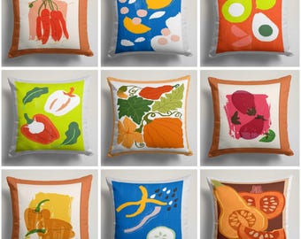 Bold Abstract Vegetable Pillow Covers – Colorful Contemporary Throw Pillows for Modern Kitchen or Sofa, Artistic Fruit Cushion Set