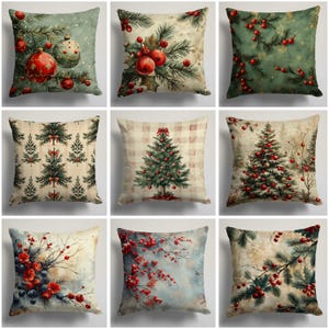May include: Nine different Christmas-themed throw pillow covers with various designs featuring pine branches, red berries, Christmas trees, and ornaments. The pillow covers are all square and have a white background.