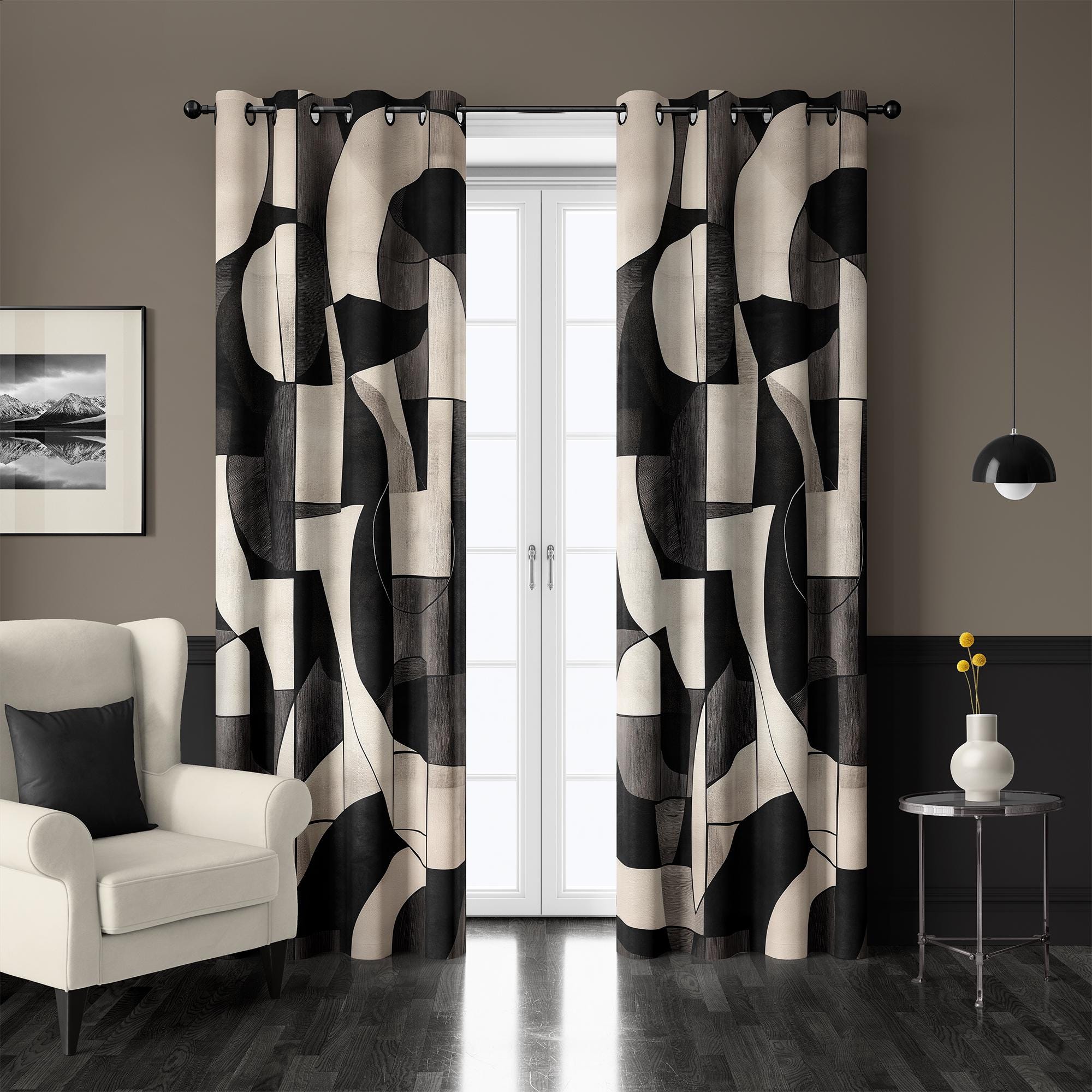 Black and White Drapes, Modern Abstarct Patterned Drapes, Blackout