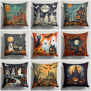 May include: Set of 10 Halloween-themed throw pillow covers. The covers feature various spooky designs, including ghosts, pumpkins, bats, and haunted houses. The covers are made of a soft, comfortable fabric and are perfect for adding a festive touch to your home decor.