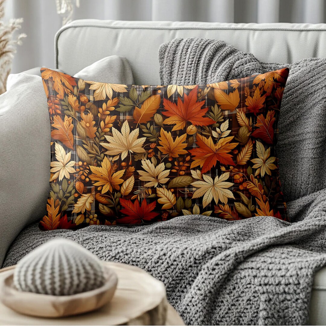 Fall Leaves Lumbar Pillow Cover, Rustic Autumn Cushion With Maple Leaf ...