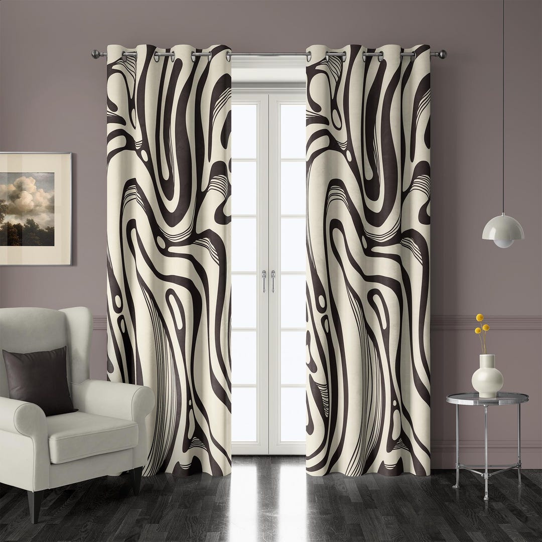 Curtians Graphics Beige and Black Abstract Curtains, Modern Graphic Window Drapes for ...