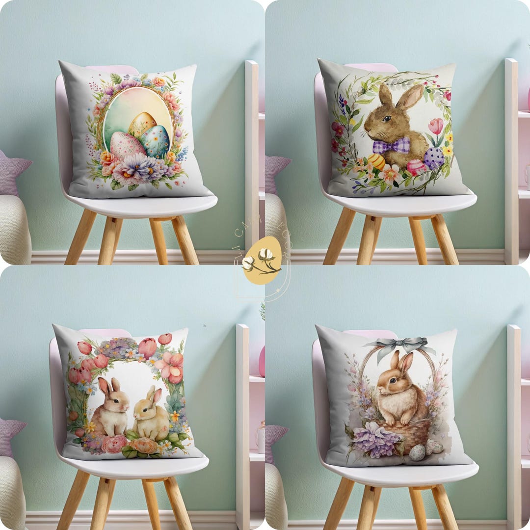 Easter Bunny Pillow Cover With Floral Basket and Colorful Easter Eggs ...