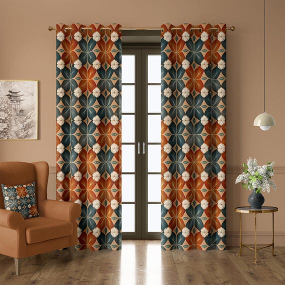 Tuscany Floral ゴブラン織　壁掛け　USA Terracotta and Teal Floral Curtains, Mid-century Style Large Leaf