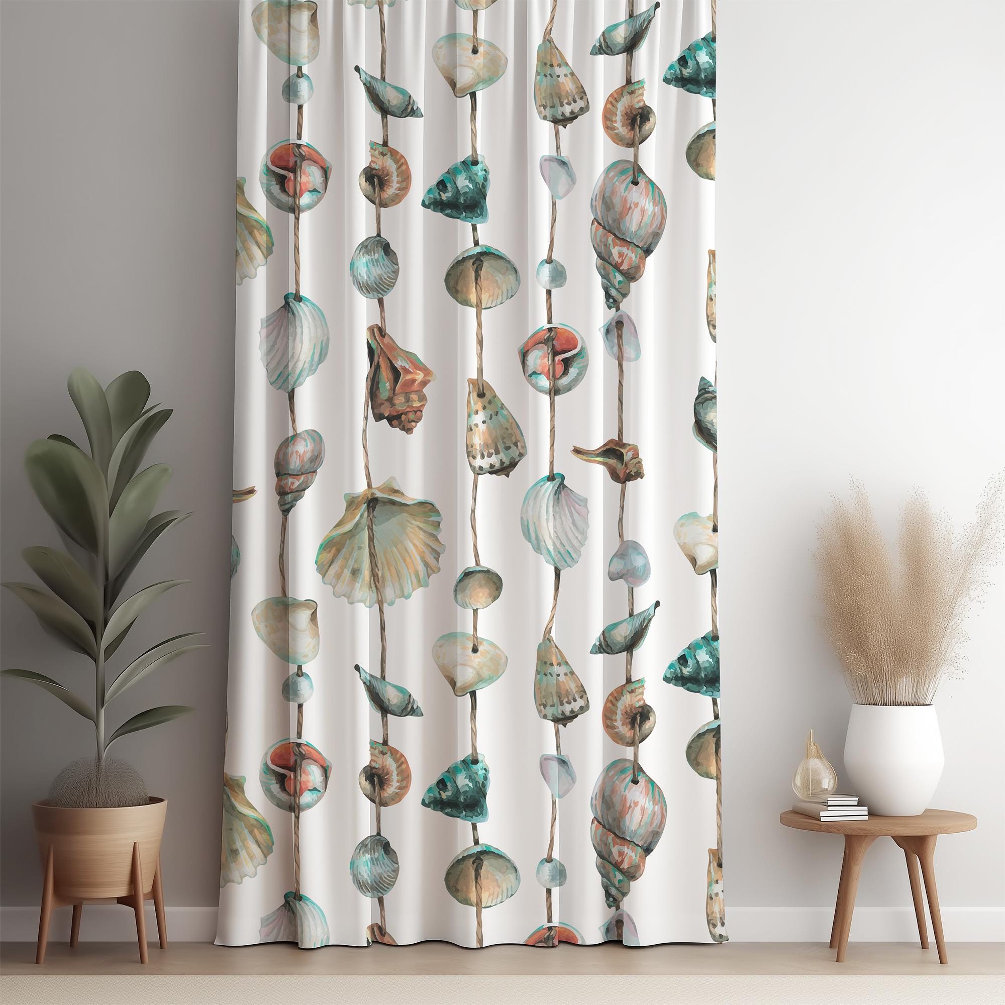 White Curtains With Seashell Design, Coastal Tropical Style Drapes for ...